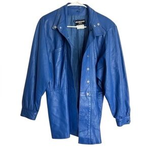 Sleek Blue Leather Jacket with Tailored Fit